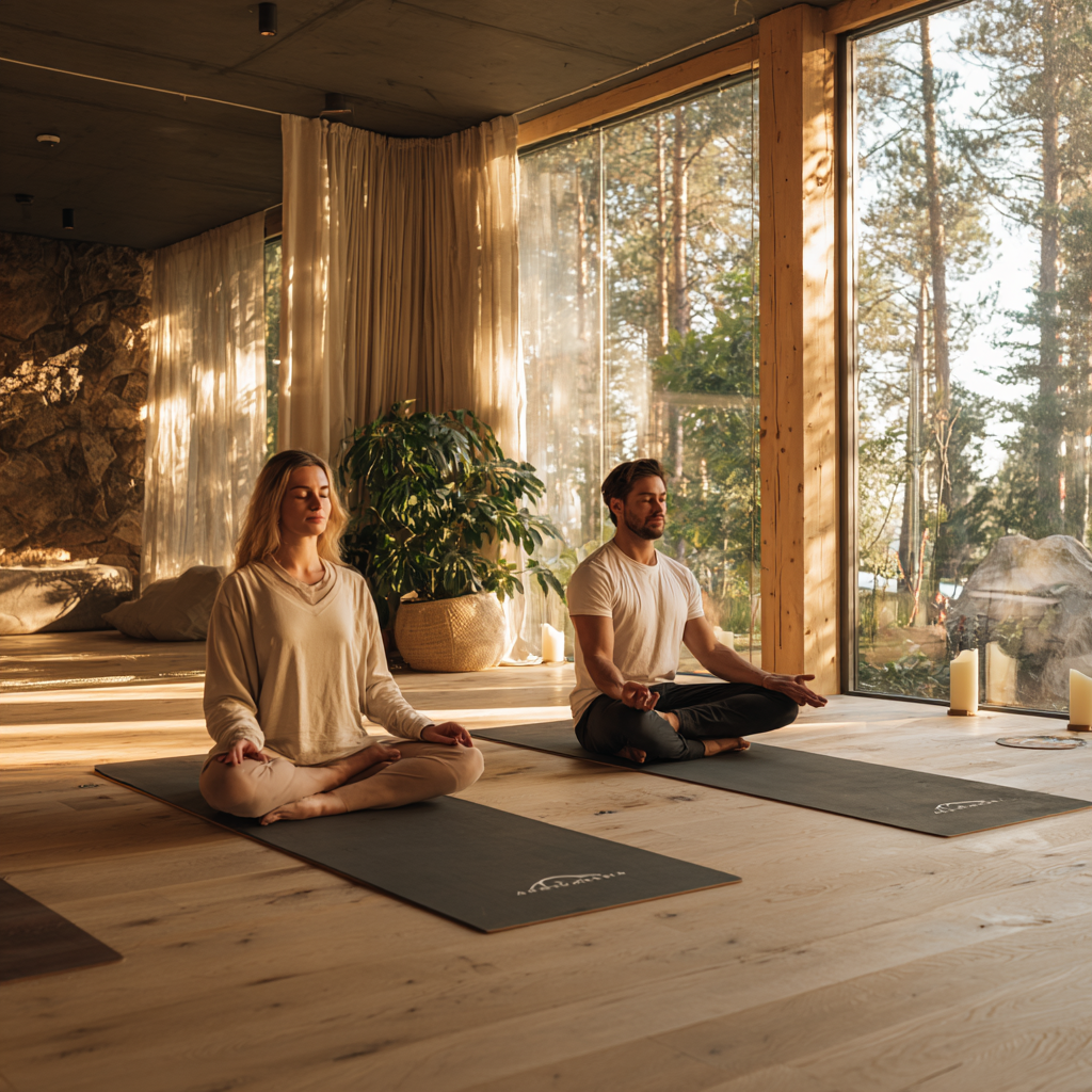 Людина виконує позу лотоса на килимку для йоги